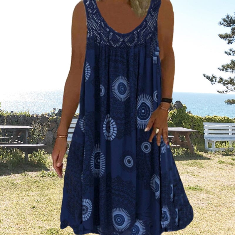 Drune | Damen Sommer O-Ausschnitt Ärmellosem Druck Kleid