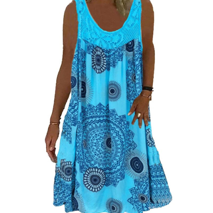 Drune | Damen Sommer O-Ausschnitt Ärmellosem Druck Kleid