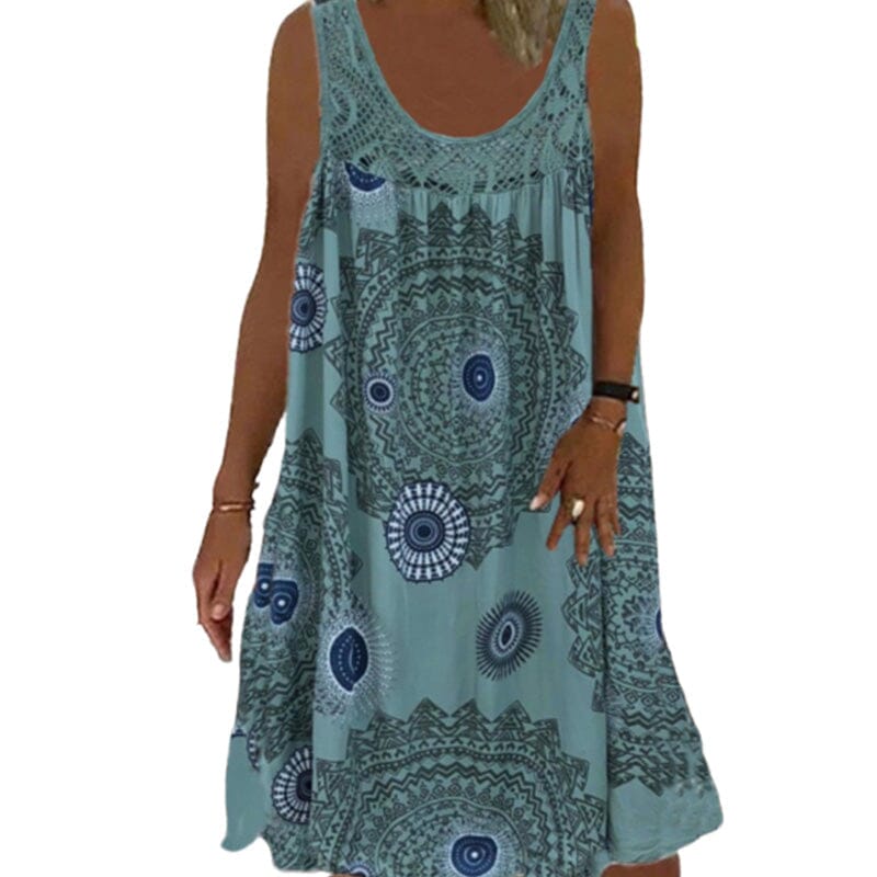 Drune | Damen Sommer O-Ausschnitt Ärmellosem Druck Kleid