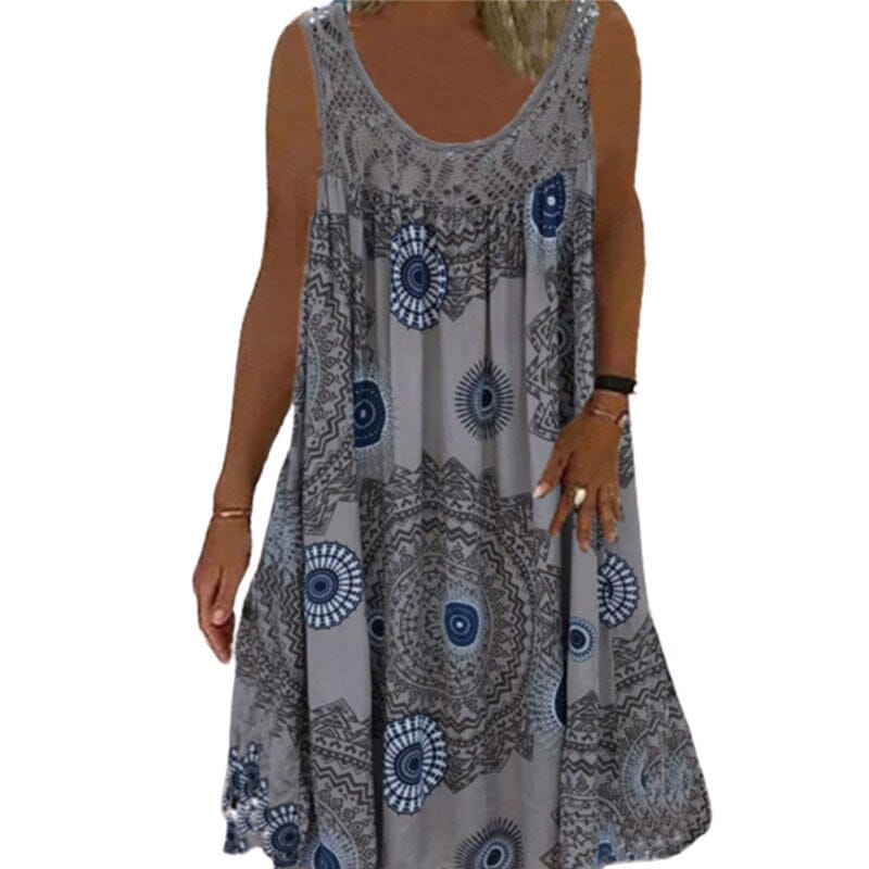 Drune | Damen Sommer O-Ausschnitt Ärmellosem Druck Kleid