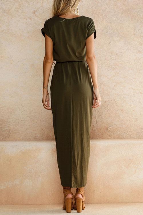 Drune | Rosiedress Kurzarm Tie Waist Schlitz Midi Kleid