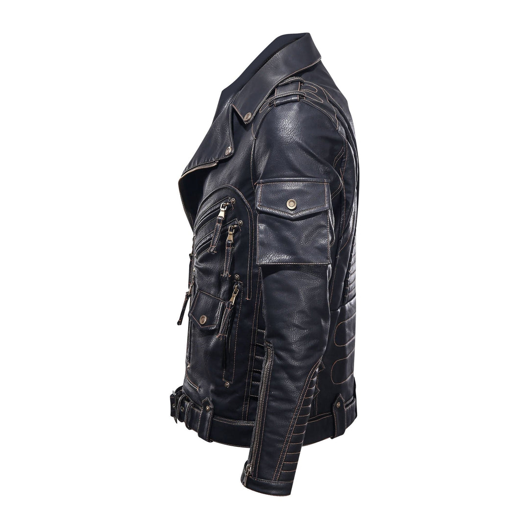 Drune | Lederjacke Biker Stil Asymmetrischer Reißverschluss Gürtel in Der Taille Mehrere Taschen