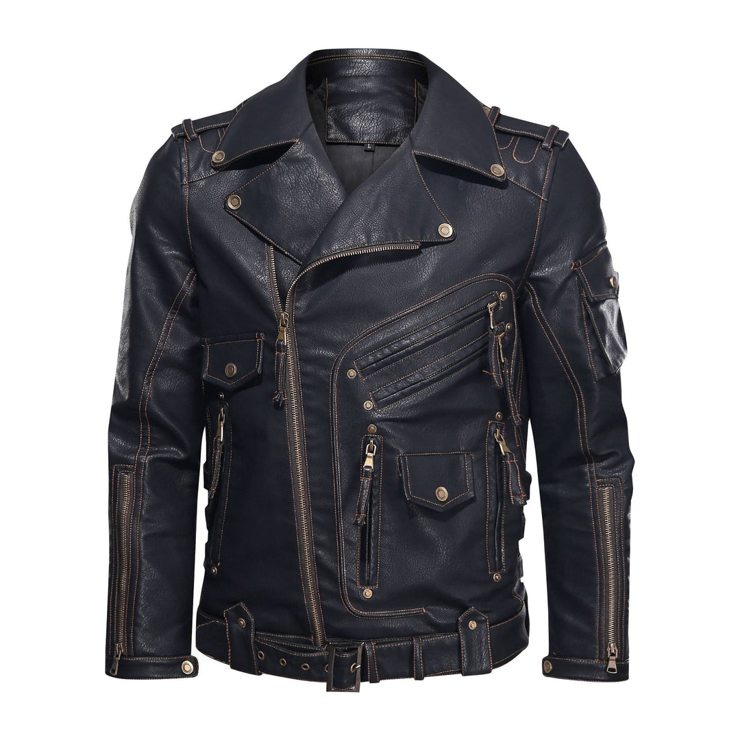 Drune | Lederjacke Biker Stil Asymmetrischer Reißverschluss Gürtel in Der Taille Mehrere Taschen