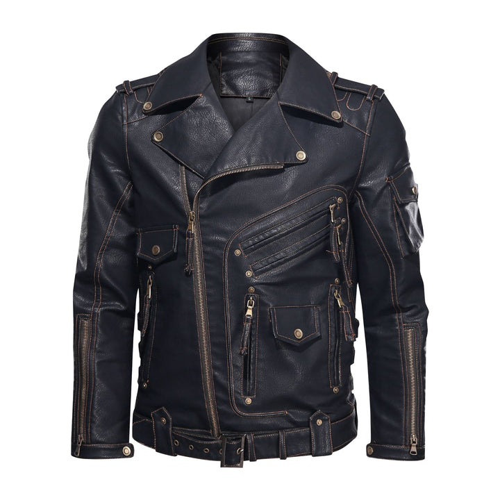 Drune | Lederjacke Biker Stil Asymmetrischer Reißverschluss Gürtel in Der Taille Mehrere Taschen