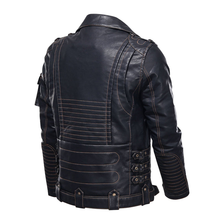 Drune | Lederjacke Biker Stil Asymmetrischer Reißverschluss Gürtel in Der Taille Mehrere Taschen