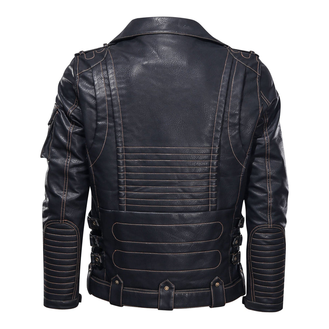 Drune | Lederjacke Biker Stil Asymmetrischer Reißverschluss Gürtel in Der Taille Mehrere Taschen