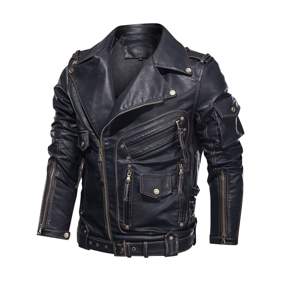 Drune | Lederjacke Biker Stil Asymmetrischer Reißverschluss Gürtel in Der Taille Mehrere Taschen