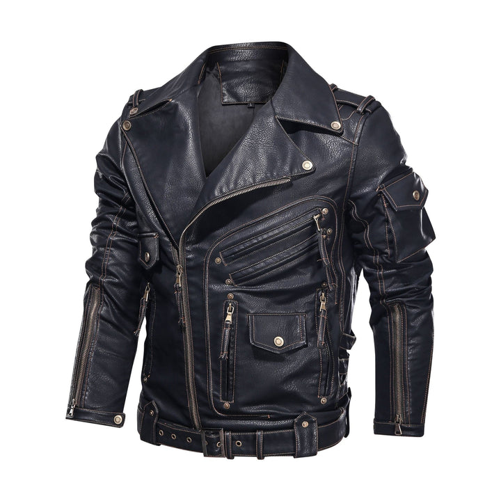 Drune | Lederjacke Biker Stil Asymmetrischer Reißverschluss Gürtel in Der Taille Mehrere Taschen