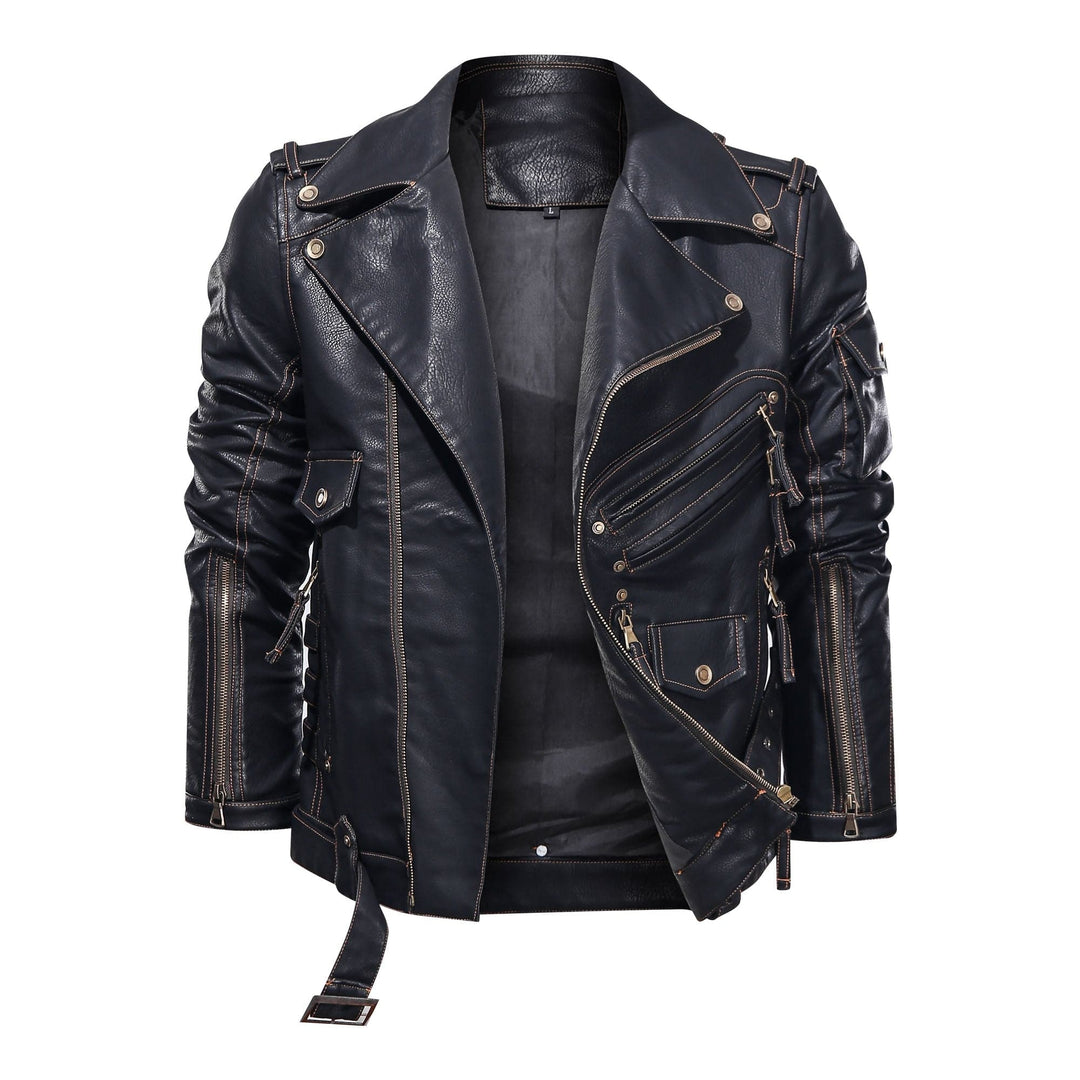 Drune | Lederjacke Biker Stil Asymmetrischer Reißverschluss Gürtel in Der Taille Mehrere Taschen