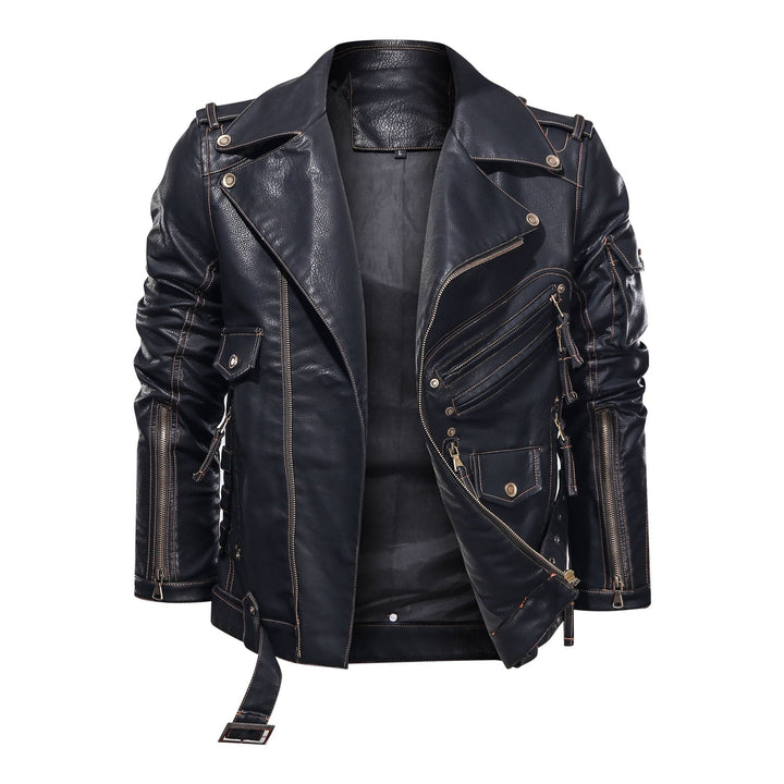 Drune | Lederjacke Biker Stil Asymmetrischer Reißverschluss Gürtel in Der Taille Mehrere Taschen
