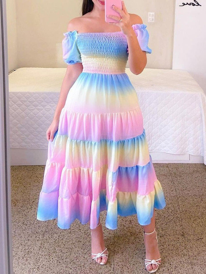 Drune | Mode Kurzärmelig Bedruckt Ausgestelltes Midi Kleid