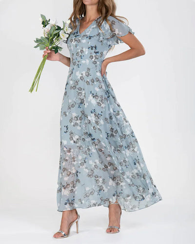 Drune - Florales Maxikleid Damen | Chiffonstoff luftiges Sommerkleid | Maxikleid mit fließendem Rock