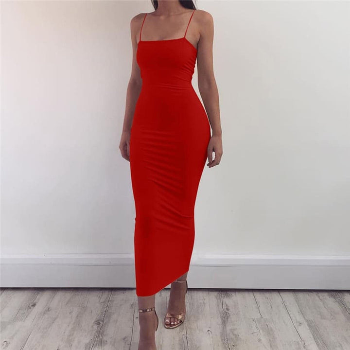 Drune | Bodycon Kleid Midi Länge Spaghettiträger Elegant und Figurbetont