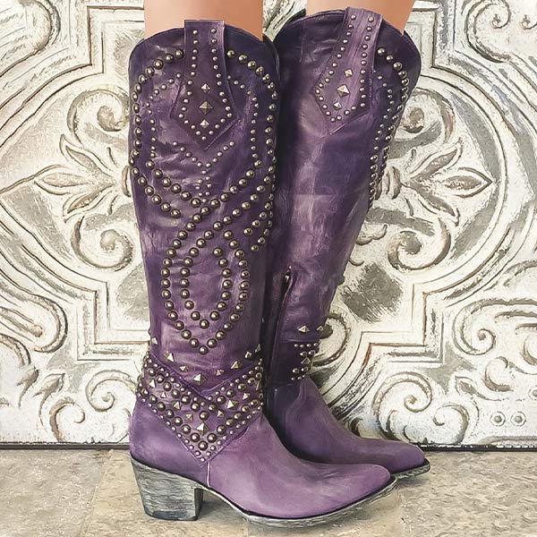 Drune | Nieten Chunky Heel Knielange Stiefel