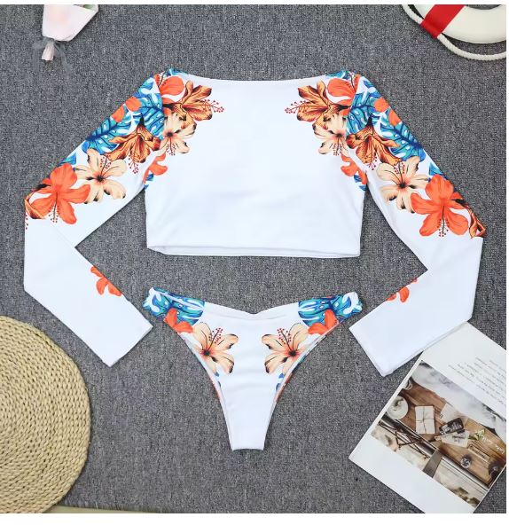 Drune | Blooms Bedrucktes Langarm Crop Rash Guard Bikini Satz