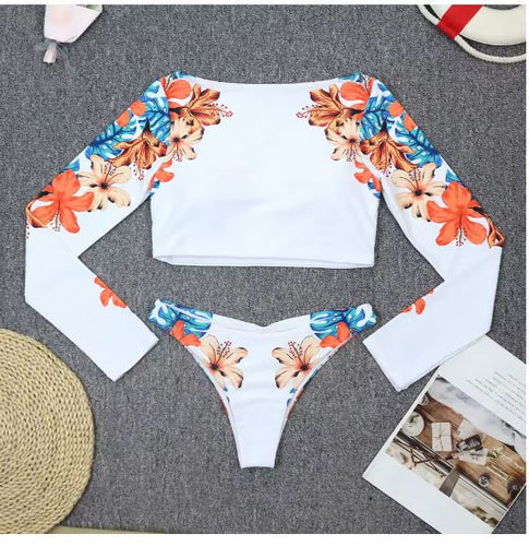 Drune | Blooms Bedrucktes Langarm Crop Rash Guard Bikini Satz