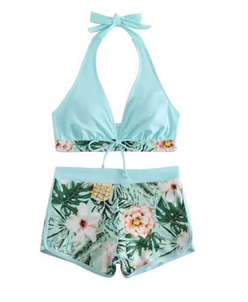 Damen Sportliches Bikini-Set mit geflochtenem Oberteil und gemusterter Shorts Drune