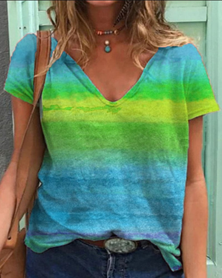 Drune | Luftiges T-shirt mit V-ausschnitt und Regenbogenmuster