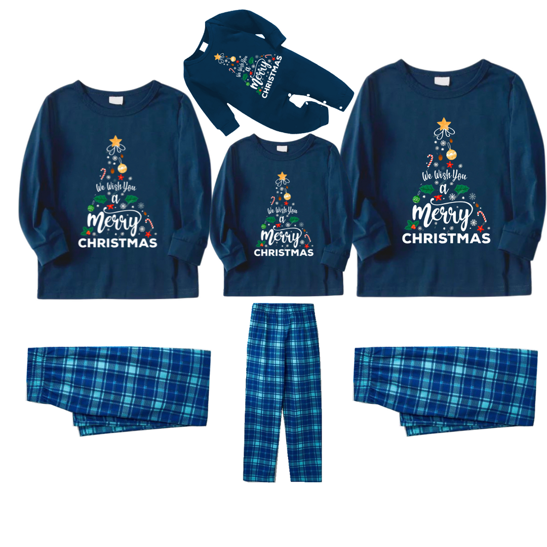 Drune | "Wir wünschen Ihnen ein frohes Weihnachten" Bedrucktes blaues Langarmoberteil mit blauer Karomuster Familien-Pyjamas im Partnerlook