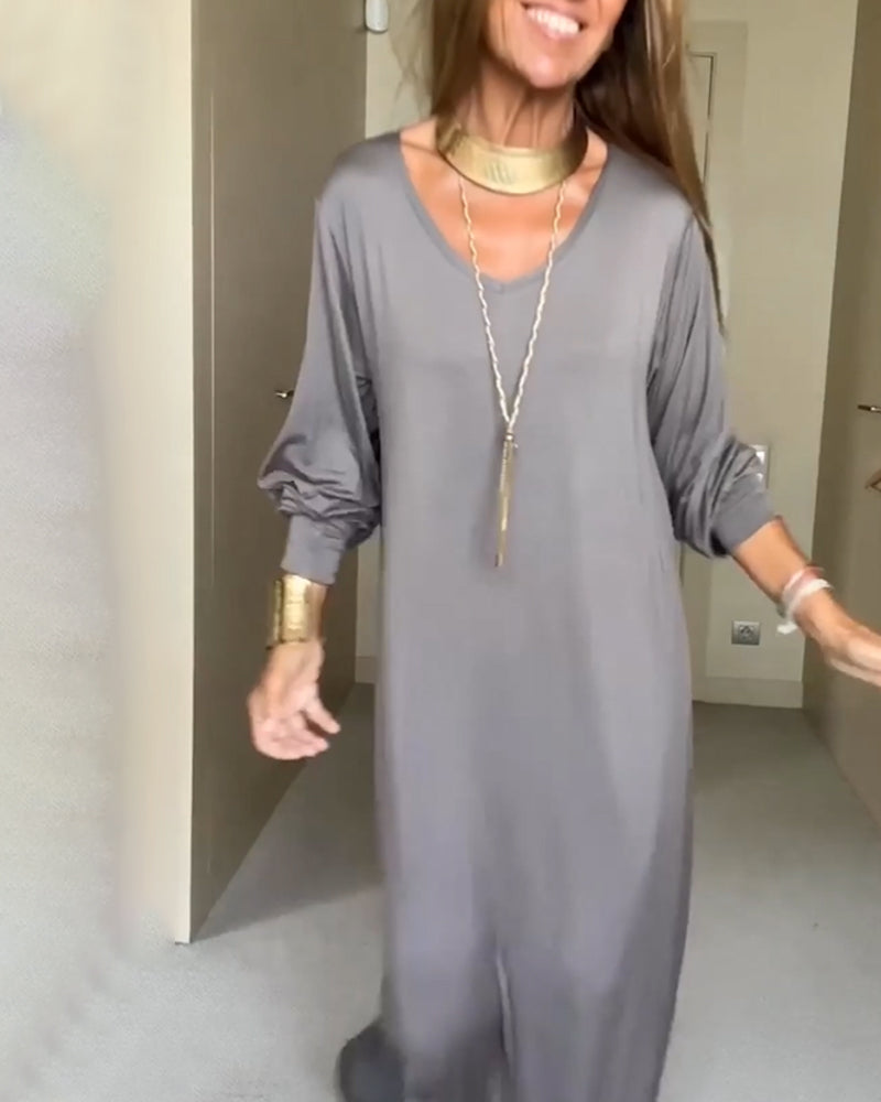 Drune | Lässiges Einfarbiges Kleid mit V-Ausschnitt