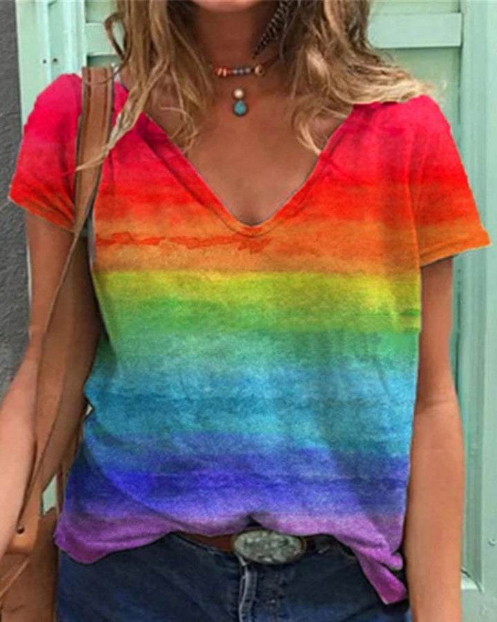 Drune | Luftiges T-shirt mit V-ausschnitt und Regenbogenmuster