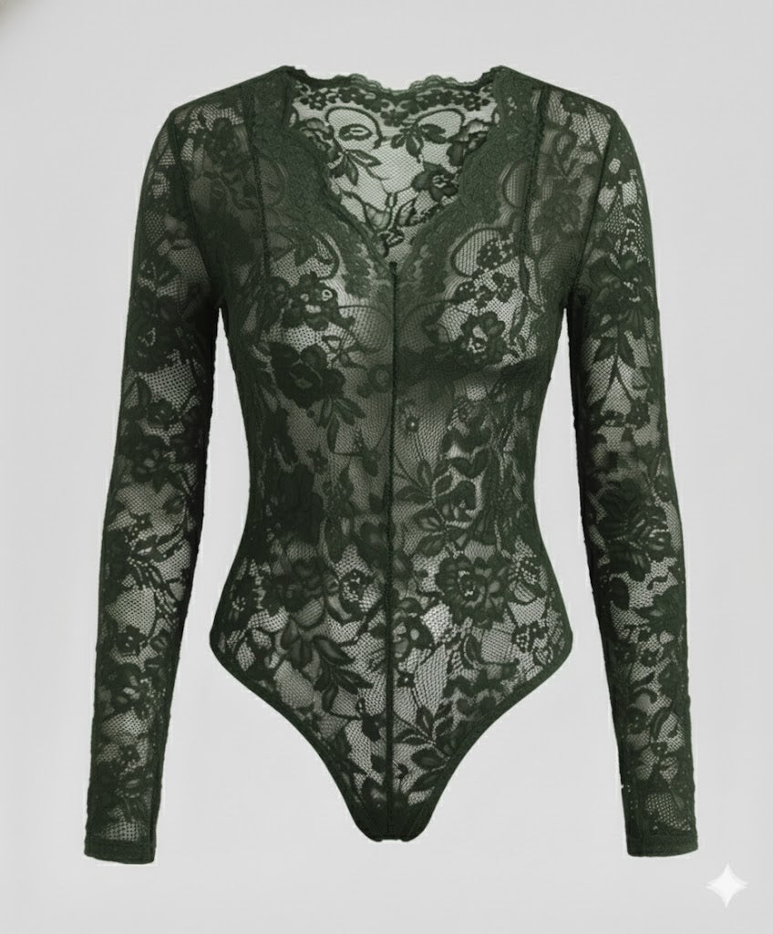 Damen Spitzenbody Langarm V-Ausschnitt | Drune