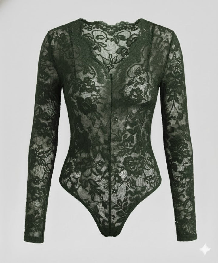 Damen Spitzenbody Langarm V-Ausschnitt | Drune