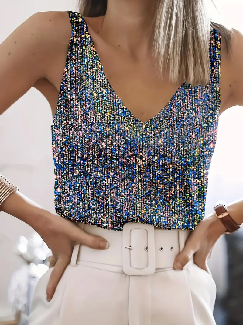 Drune | Damen Glitter Pailletten V-Ausschnitt Top Ärmelloses Shirt Top Für Frauen