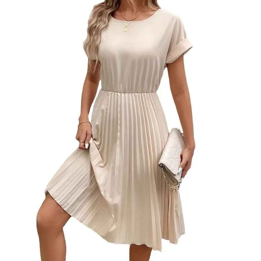 Drune | Einfarbig Plissierter Kurzarmkleid