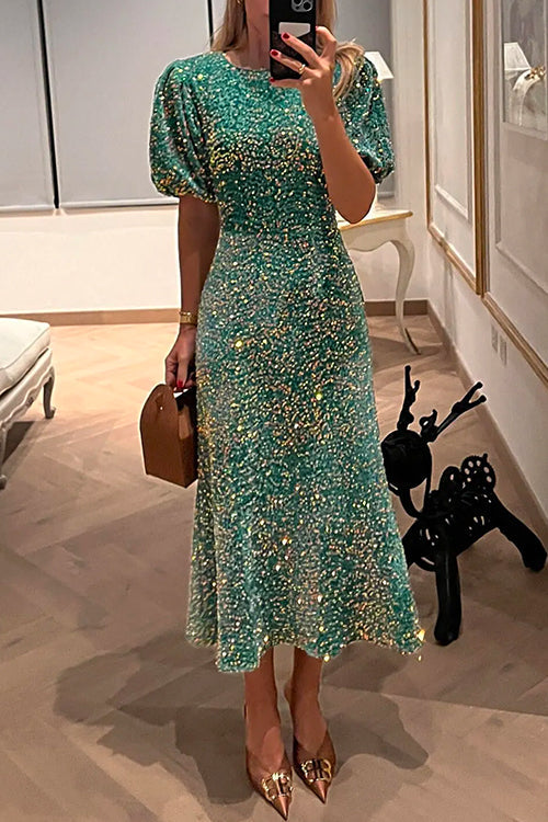 Drune | Puff Kurzarm Tailliertes Pailletten Midi Partykleid