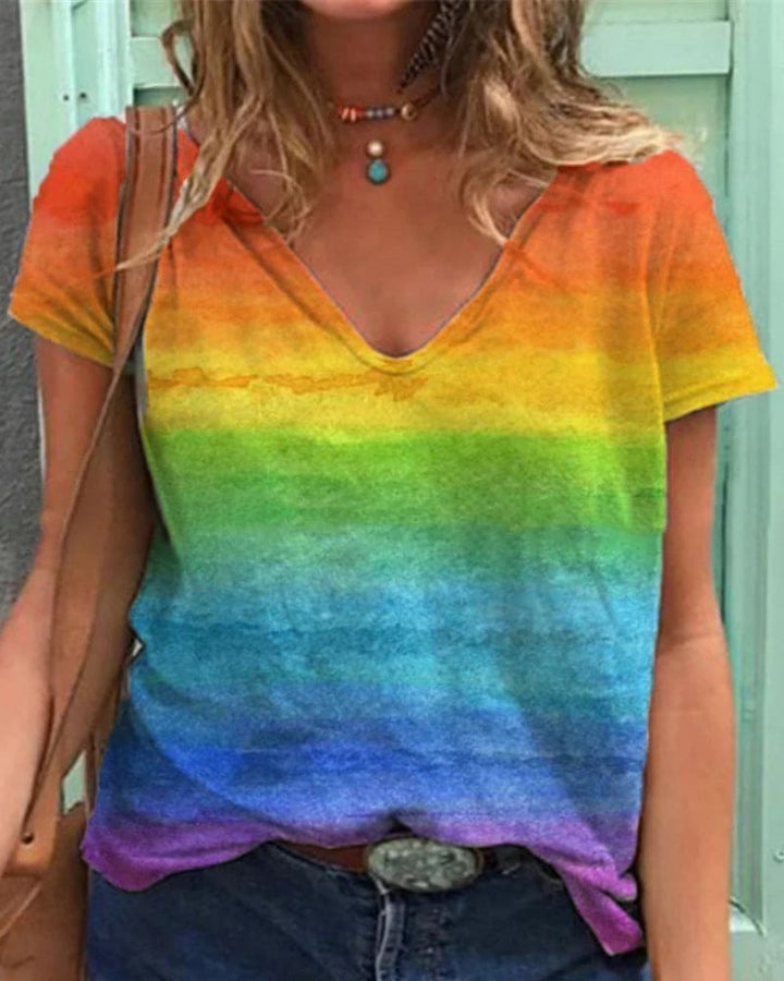 Drune | Luftiges T-shirt mit V-ausschnitt und Regenbogenmuster