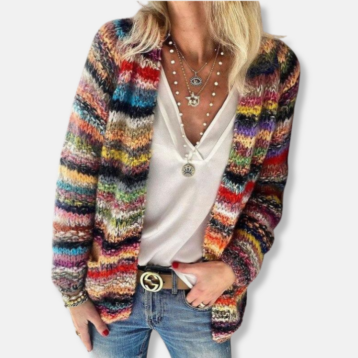 Drune | Wolle Offene Front Strickjacke Gestreift Lässig Passform Strickjacke