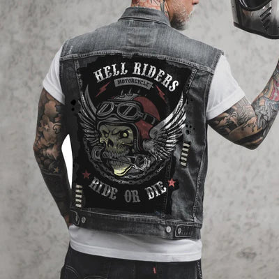 Drune Herren Motorrad-Denimweste mit Motorrad- und Skelettdruck