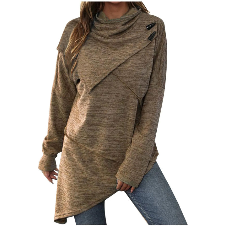 Drune | Damen Hoodie - Langer Pullover mit Wickelkragen & Knopfdetails