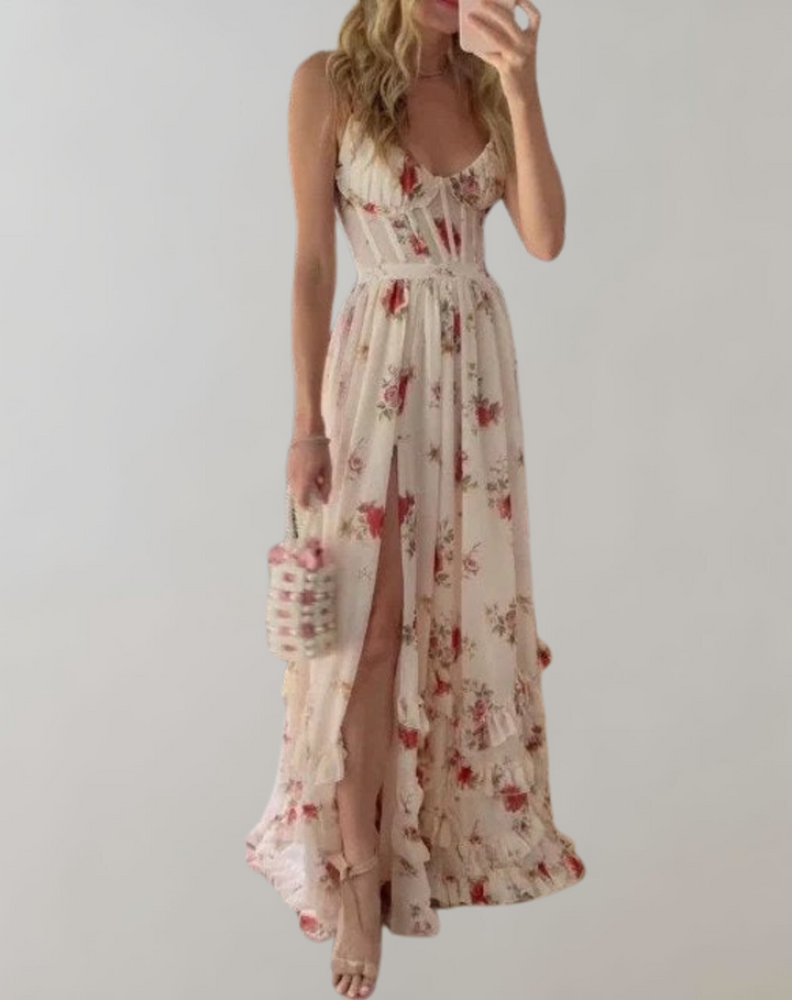 Drune | Ärmelloses, tailliertes Kleid mit Blumendruck und sexy Beinausschnitt