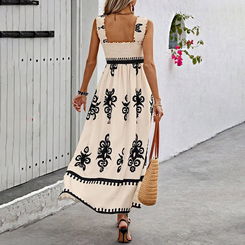 Drune Retro Kleid | Langes Kleid mit Retro-Druck und Schulterriemen