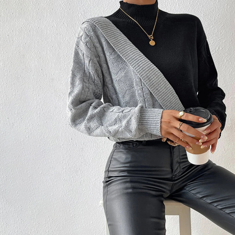 Drune | Pullover - Damen Winter Patchwork Rollkragen Strickpullover