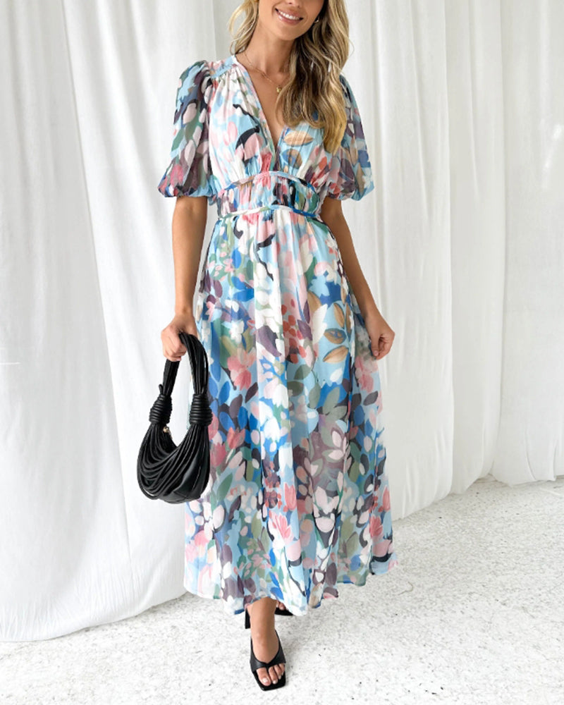 Drune | Elegantes Kleid mit Blumendruck und V-Ausschnitt