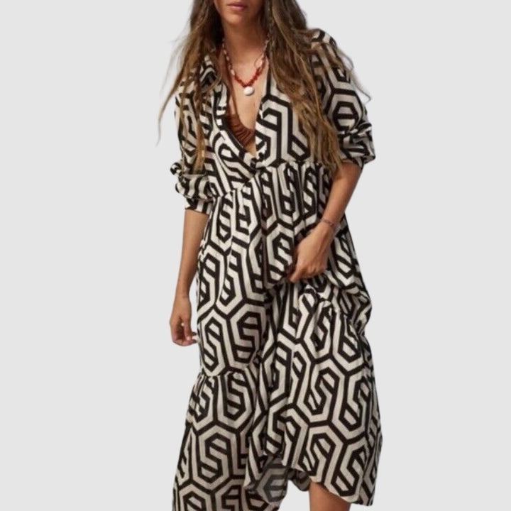 Drune | Langarm Maxikleid mit Geometrischem Druck für Frauen Winsett