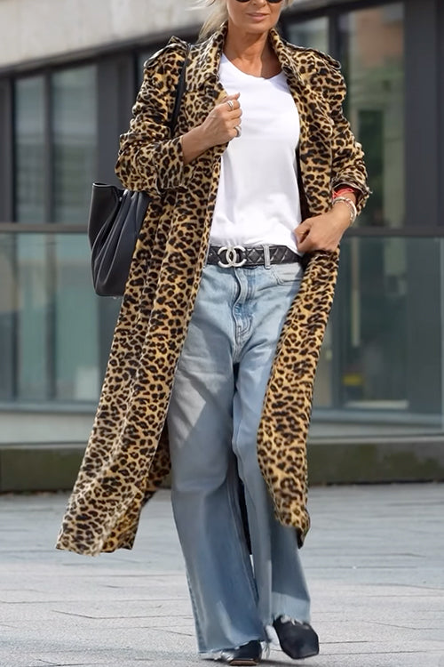 Drune | Rosiedress Revers Offene Vorderseite Leopard Midi Trendy Mantel