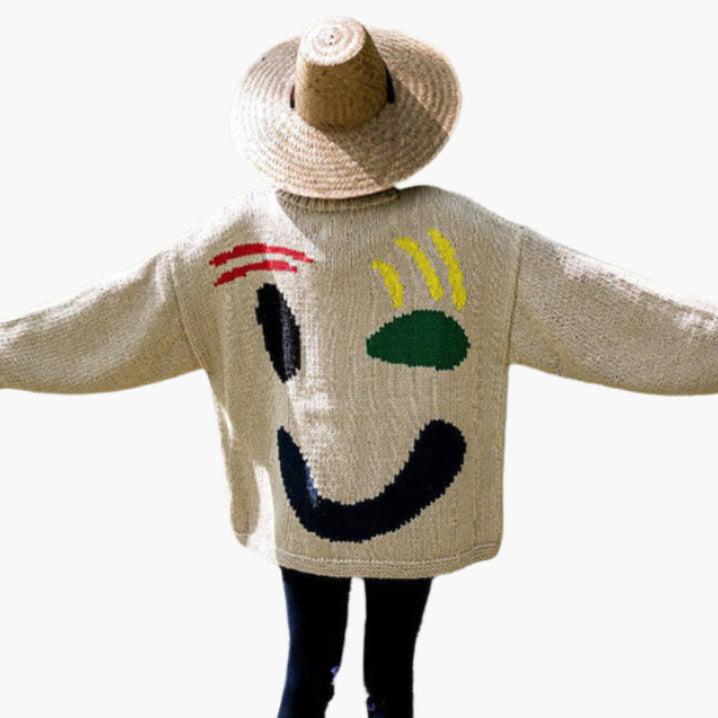 Drune | Strickpullover im Künstlerstil - Gemütlicher Freizeit Jumper mit abstraktem Gesichtsmuster
