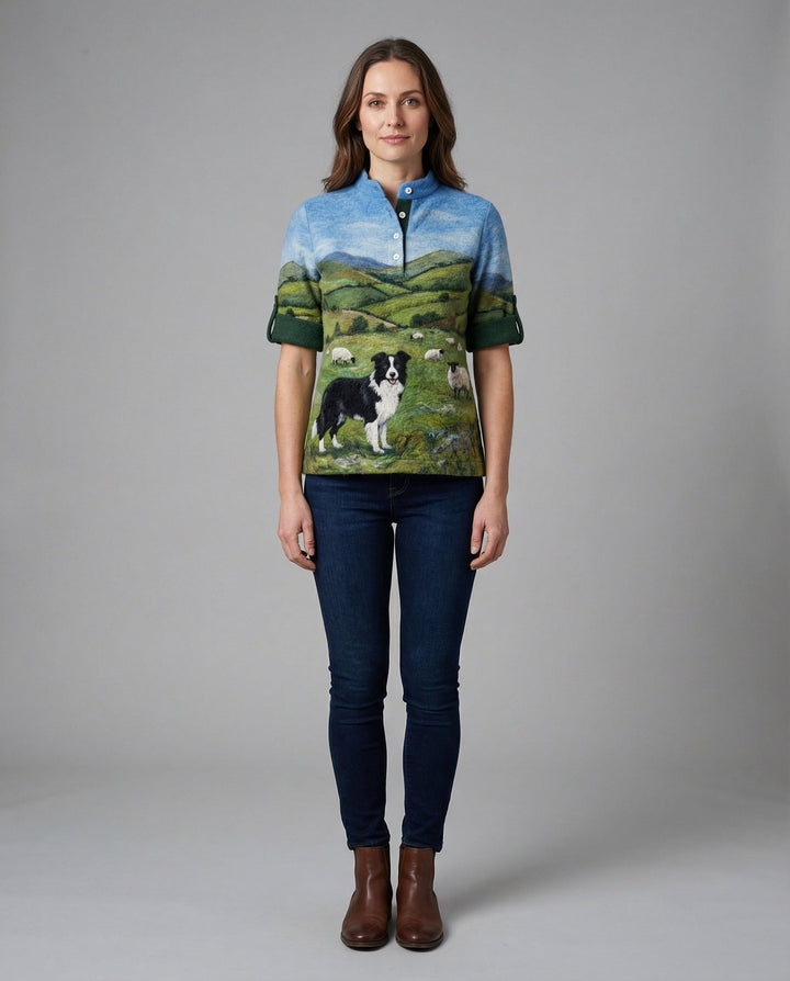 Drune | Gemütlicher Kapuzen-Cardigan mit Border Collie & Schaf-Filzkunst