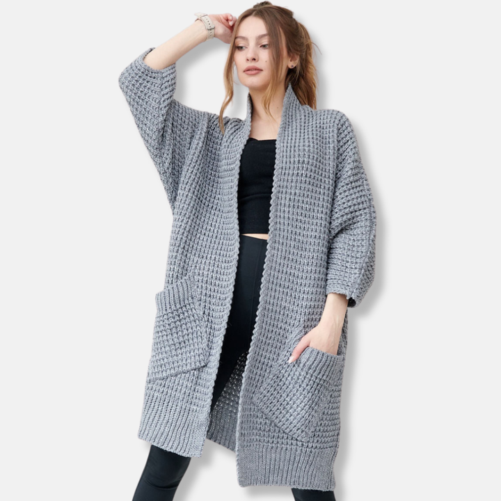 Drune | Mantel aus Strick - Oversized Fit - Offene Front - Patten Taschen - Gerippte Kanten
