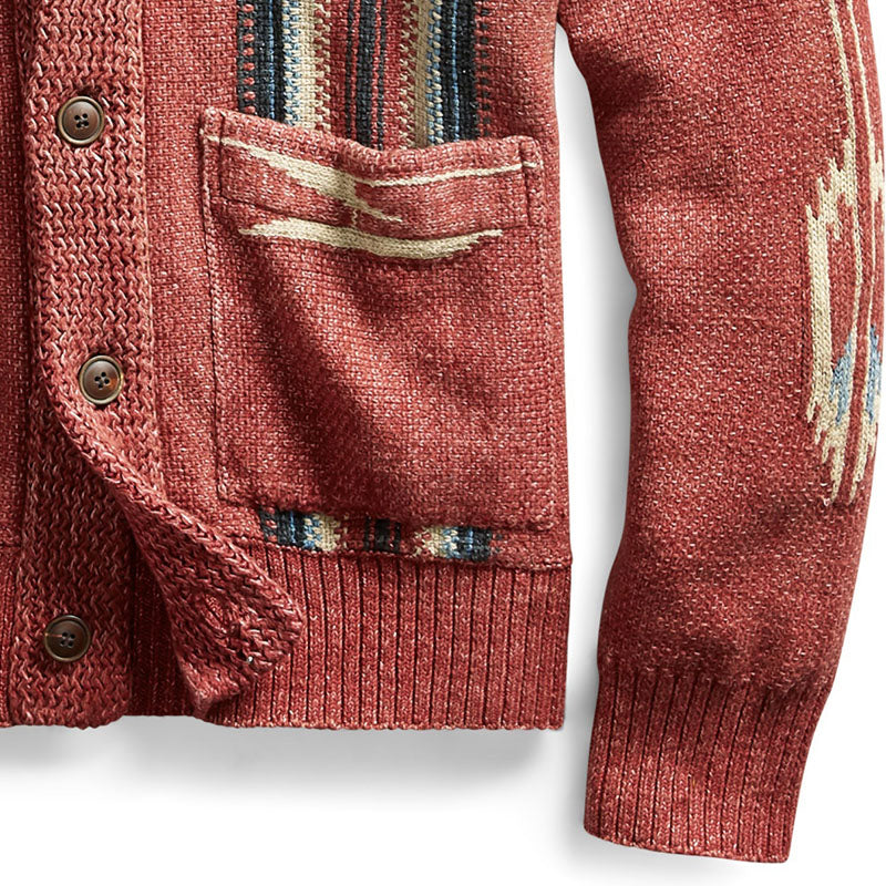 Drune | Strickjacke im Vintage Western Stil - Cardigan mit Schalkragen & Aztekenmuster, Knopfleiste & Taschen