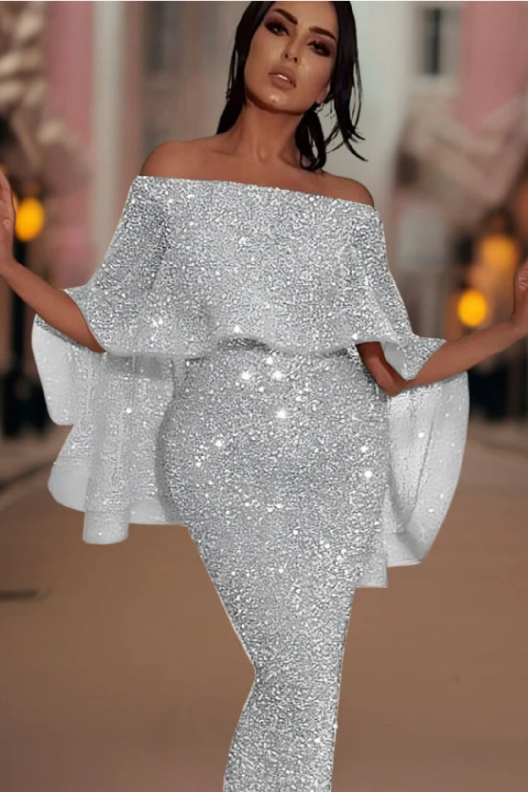 Drune | Off-Shoulder Glitzer Maxi Kleid