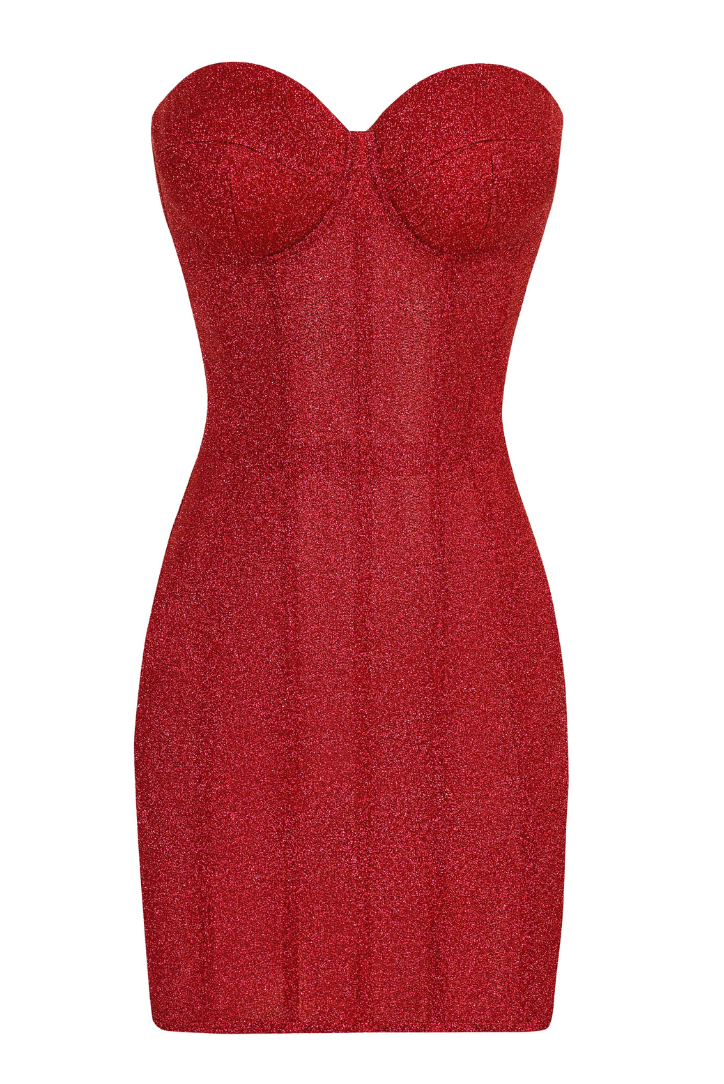 Drune | Trägerlos Glitzer Rot Korsett Mini Kleid