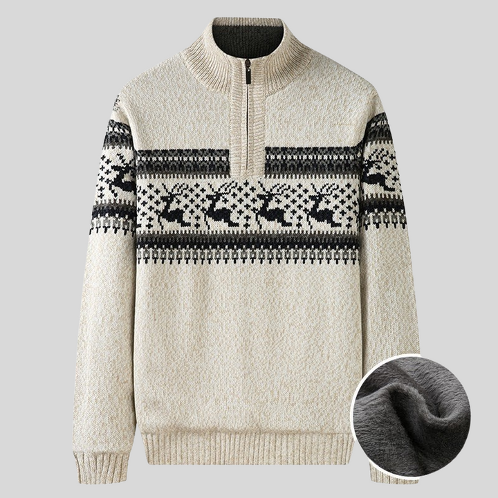 Drune | Nordic Strickpullover Halber Reißverschluss mit Hohem Kragen Warme Plüschfutter