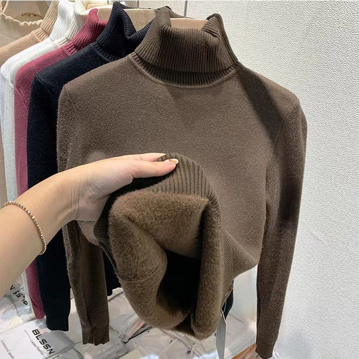 Gefütterter Damen-Rollkragenpullover, gestrickt, schmal geschnitten