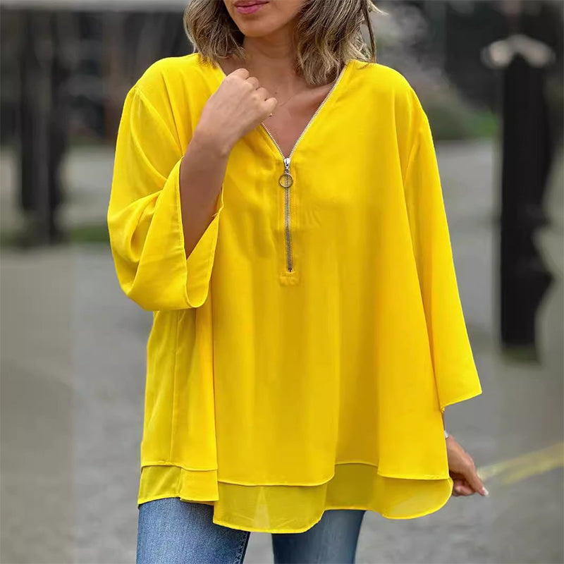 Drune | Chiffon Reißverschluss Top mit V-Ausschnitt