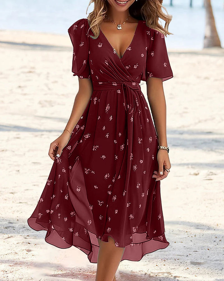 Drune | Elegantes Bedrucktes Kleid mit V-Ausschnitt und Krawatte